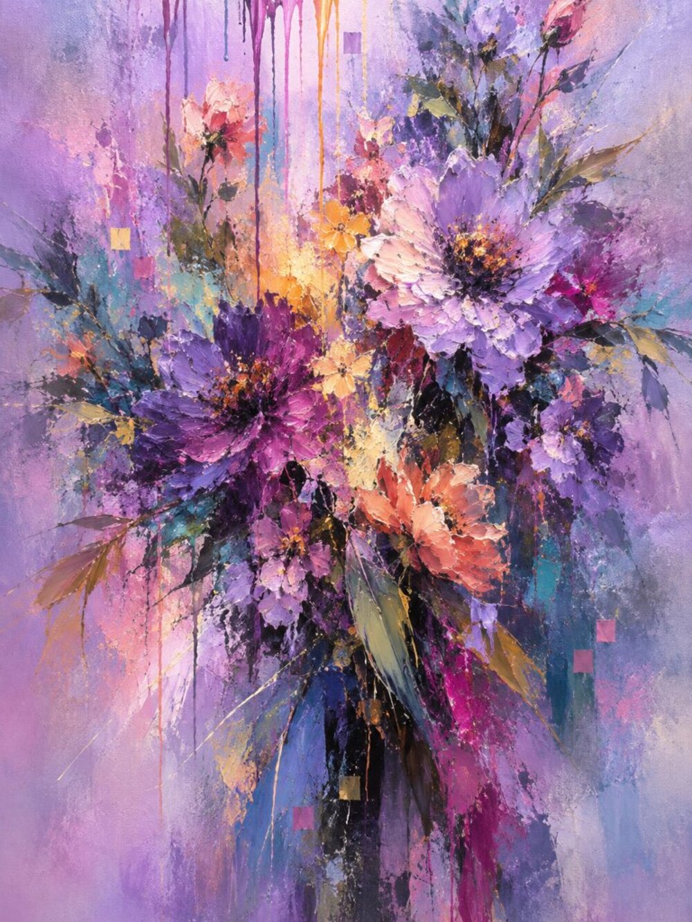 Amethyst Blooms Art Print 36x24 Purple Gold Contemporary Floral Wall Decor
